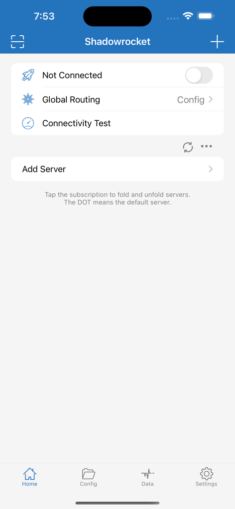Shadowrocket - Main home screen of the Shadowrocket app featuring proxy connection toggle and global routing configuration.