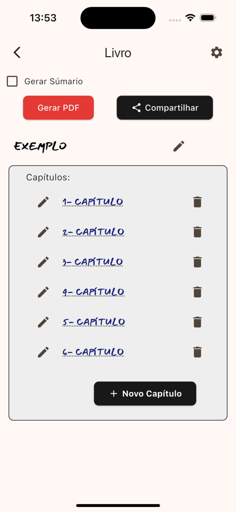 Book Maker - Create Your Story - A screen of the Book Maker app showing a list of chapters and options to generate a PDF
