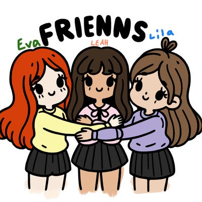 three girls with arms wrapped around each other a word above them saying friends