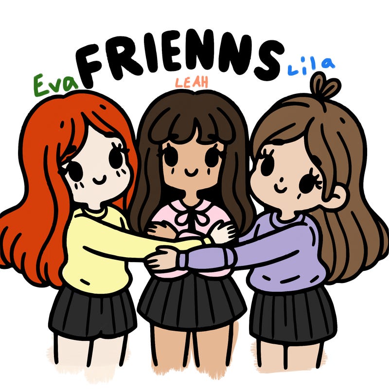 three girls with arms wrapped around each other a word above them saying friends