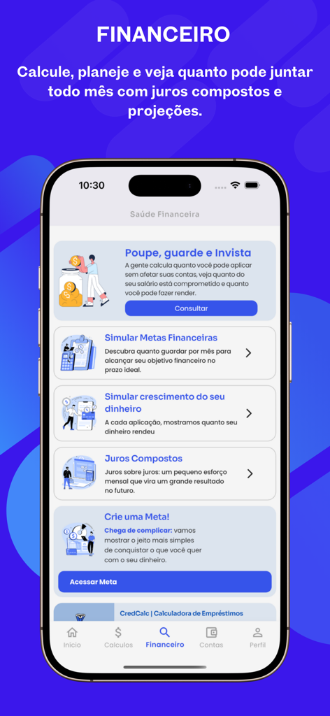 FGTS | App do Trabalhador 2025 - FGTS 앱의 투자 및 저축 계산기가 포함된 재정 계획 화면