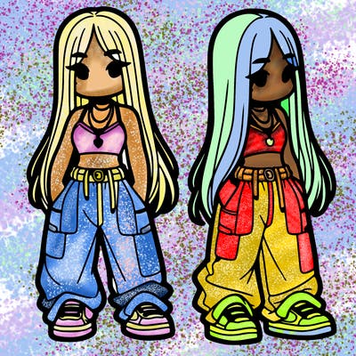 girl in baggy pants crop top and long hair