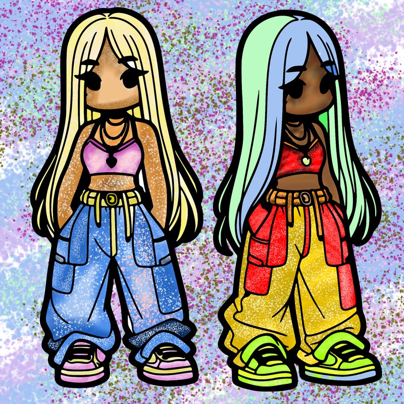 girl in baggy pants crop top and long hair