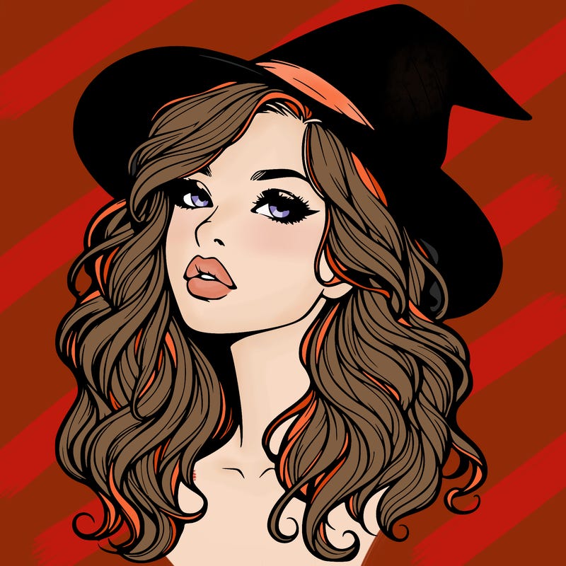 realistic witch girl with wavy hair and lips