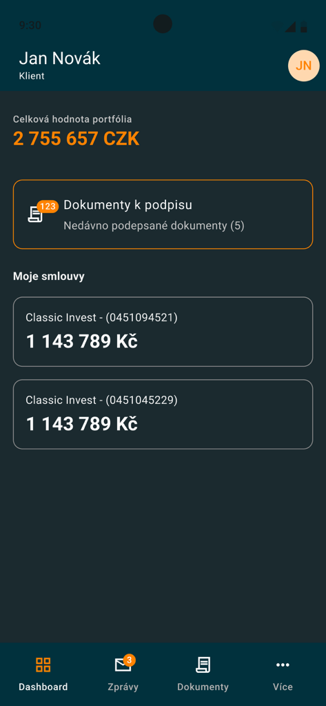 Painel móvel do aplicativo financeiro My Conseq mostrando o valor total do portfólio e contratos de investimento individuais
