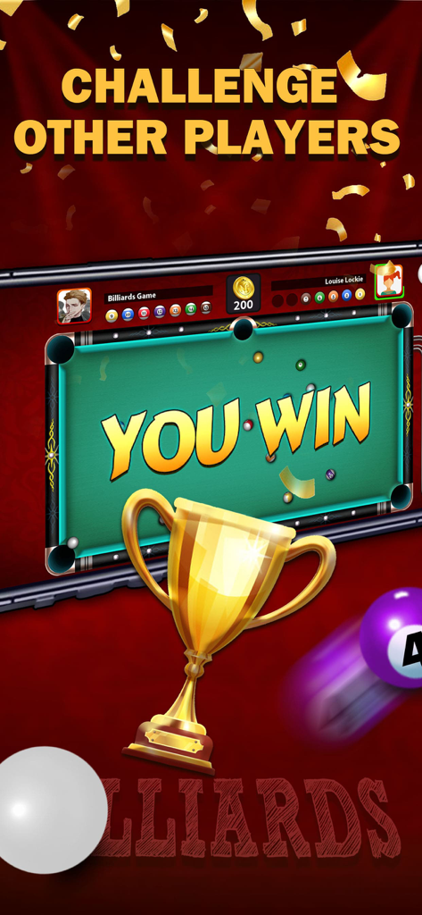 A victory screen with a gold trophy and a You Win message in the 8 Ball Pool mobile game.