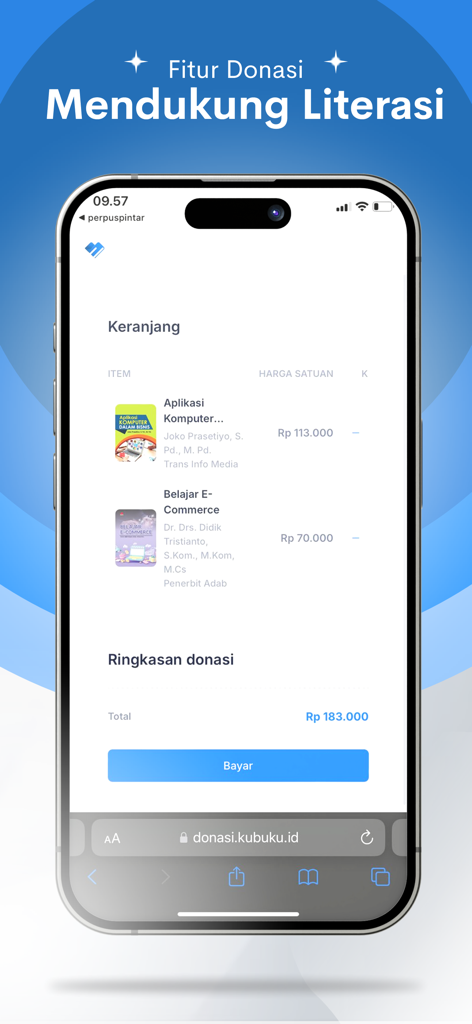 perpuspintar - A smartphone screen showing the donation and checkout page of the Perpus Pintar app with Indonesian e-books in the shopping cart.