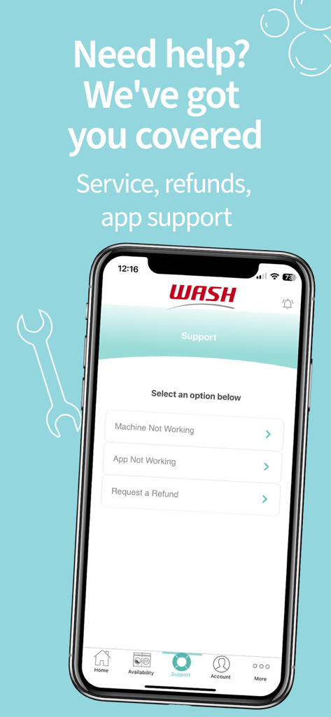 Support screen of the WASH-Connect app showing options for machine service, app issues, and refund requests.