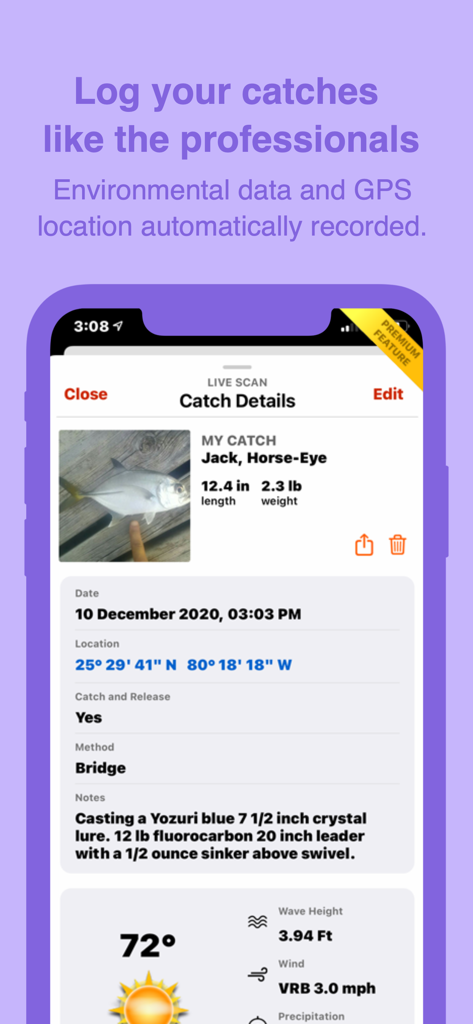 FishVerify: ID & Regulations - 魚種と環境データを表示するFishVerifyアプリの釣果ログ画面