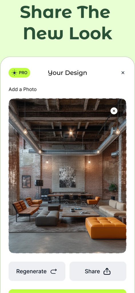 Decora AI: AI Room Designer - Decora AI app interface showing an industrial style living room design with share and regenerate buttons