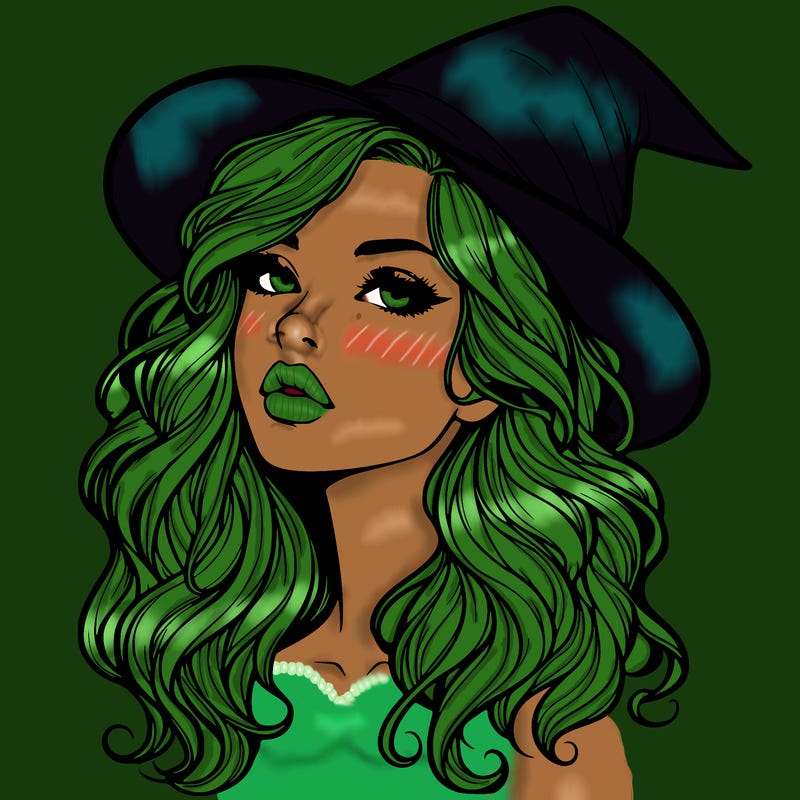 realistic witch girl with wavy hair and lips