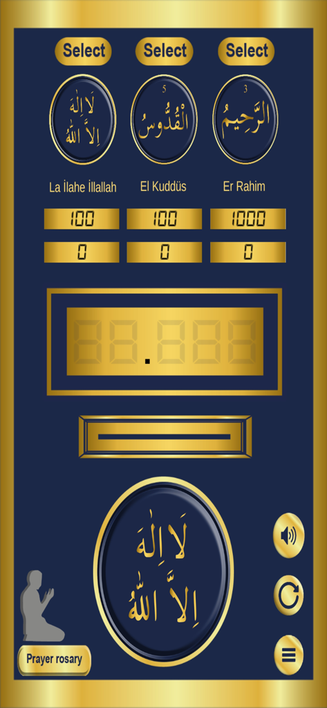 Esma-ul Husna: 99 names - Bildschirm eines digitalen Dhikr-Zählers mit islamischen Namen Allahs und einer Gebetskette
