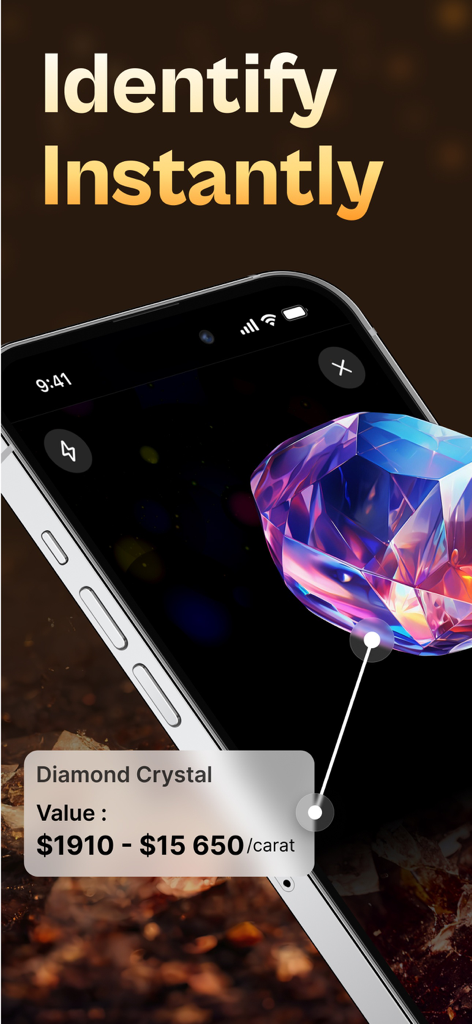 Aplicativo Rock ID identificando um cristal de diamante em uma tela de celular