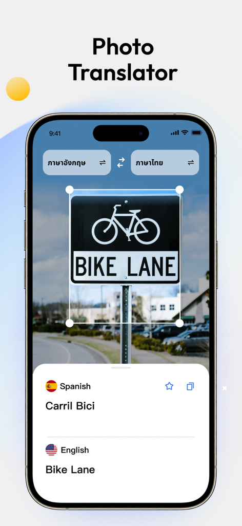 Instant Translator - Translate - Uma tela de smartphone mostrando o recurso de tradutor de fotos traduzindo uma placa de ciclovia para vários idiomas