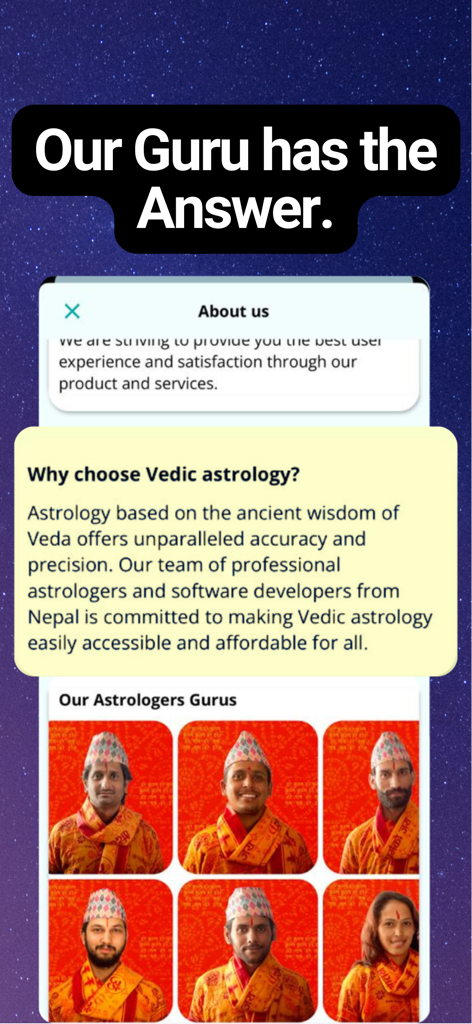 AstroVeda: Your Astrology Guru - A team of professional human Vedic astrologers from Nepal featured in the AstroVeda app about us section