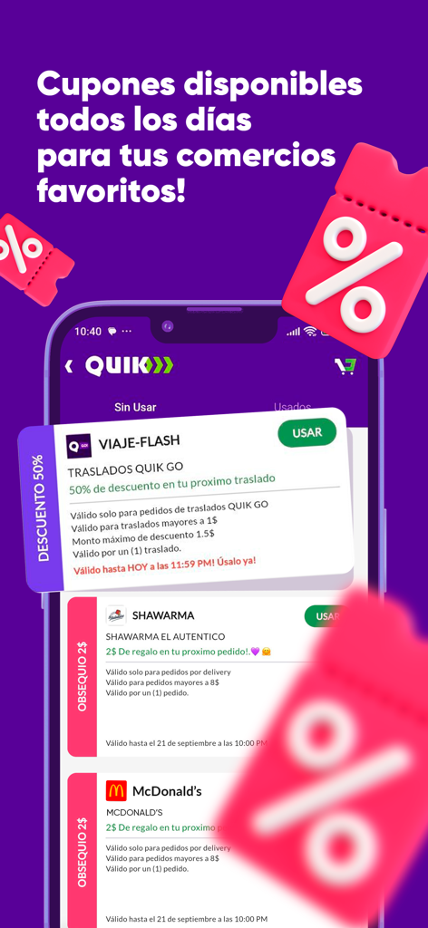 QUIK: Pago y Delivery - Interfaz de la aplicación QUIK mostrando descuentos y cupones diarios para comida y viajes.