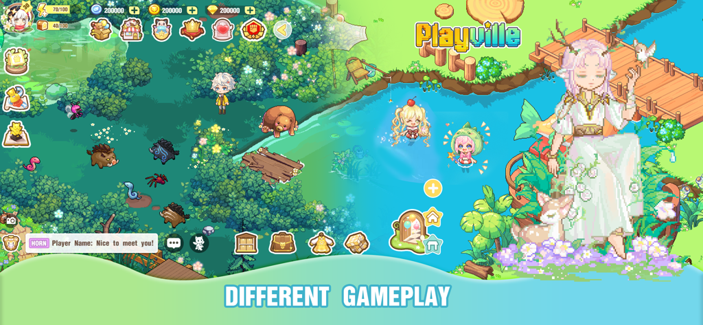 A colorful pixel art scene in PlayVille showing characters fishing and exploring a forest with various animals
