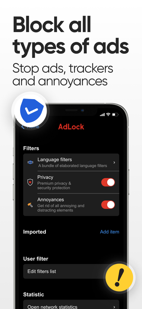 AdLock: Ads Blocker & Privacy - AdLock app interface on iPhone showing privacy and annoyance filters enabled to block ads and trackers.