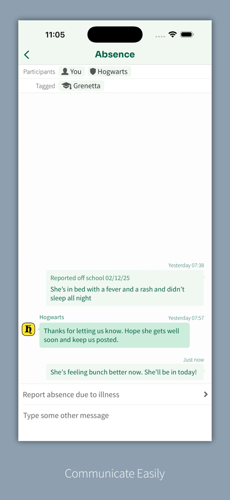 Studybugs - Studybugs app interface showing a parent communicating with a school about a childs absence