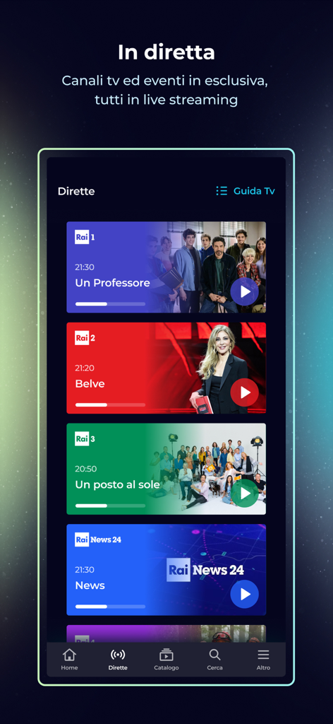 RaiPlay - Live TV channel selection screen in the RaiPlay app