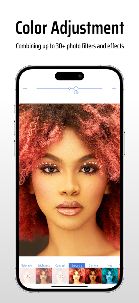 CropSize: Image Resizer Editor - CropSize app interface showing color adjustment and photo filter options on a portrait