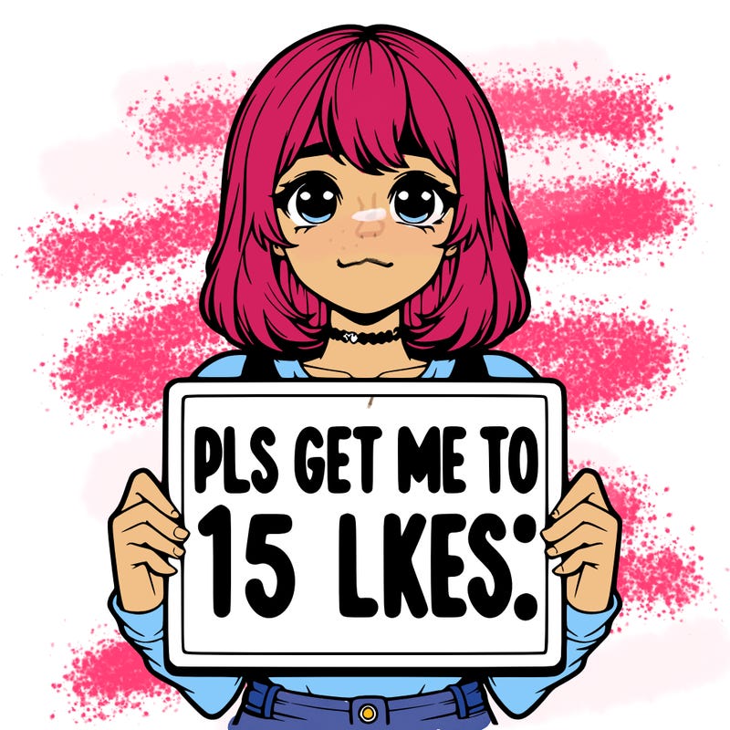 realistic girl holding up a sign that says “pls get me to 15 likes!”