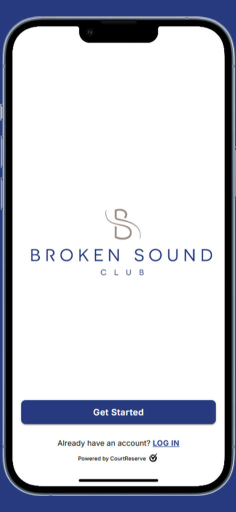 BSC CourtReserve - Broken Sound Club app welcome screen with Get Started and Log In options