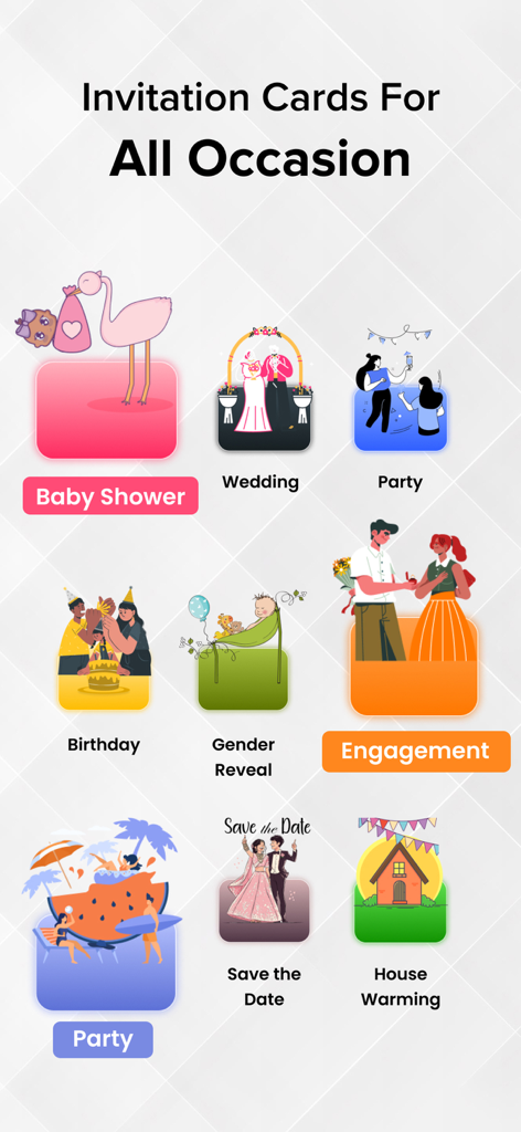 Invitation Maker : Invite Card - A screen displaying various invitation card categories including baby shower wedding party birthday gender reveal engagement and house warming