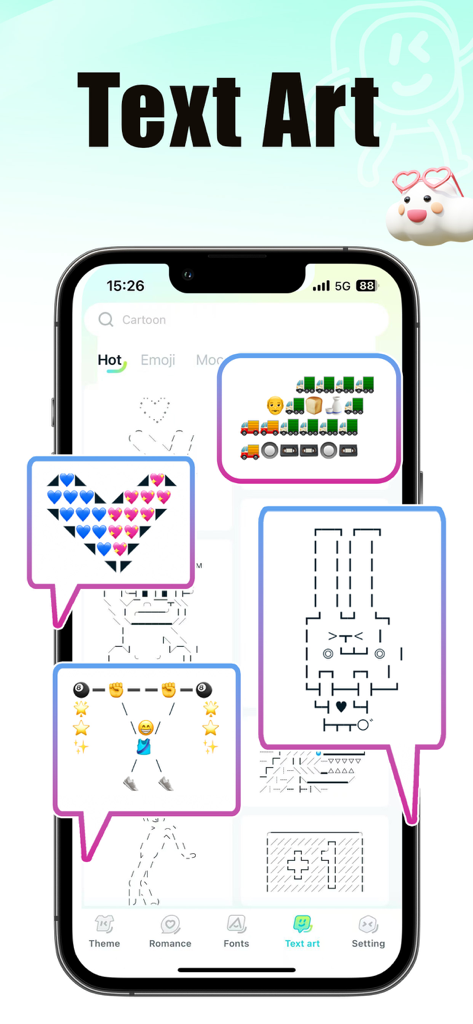 KeyFonts- Keyboard & Themes - Ejemplos de arte de texto creativo y patrones de emojis disponibles en la aplicación de teclado KeyFonts