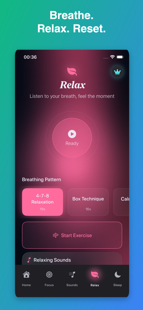 Dainty: Meditation & Sleep - Pantalla de relajación de la aplicación Dainty que muestra patrones de respiración como Relajación 4-7-8 y Técnica de Cuadrado en una interfaz minimalista oscura.