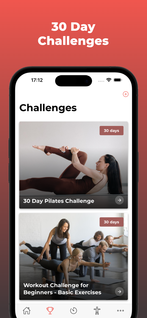 30 Day Pilates Challenge - Pantalla de la aplicación móvil que muestra un reto de Pilates de 30 días y un reto de entrenamiento para principiantes