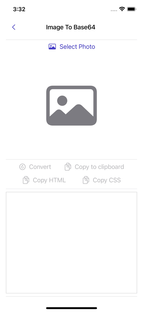 Image to Base64 Plus - User interface of the Image to Base64 Plus app showing the photo selection and code conversion screen.