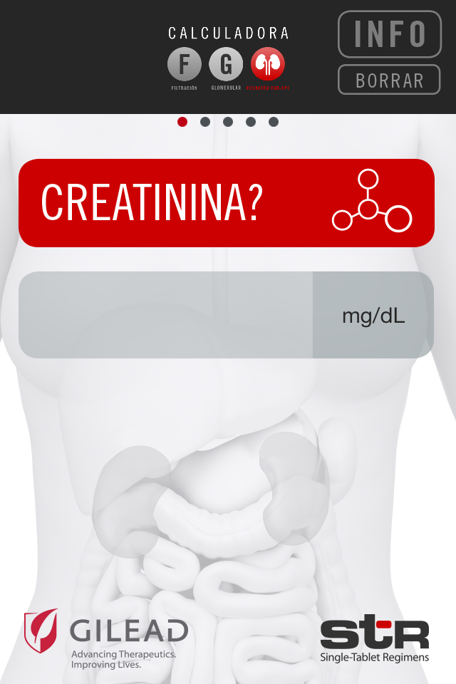Calculadora Filtración Glomerular Ecuación CKD-EPI - Tela de entrada de creatinina para a calculadora de taxa de filtração glomerular CKD-EPI