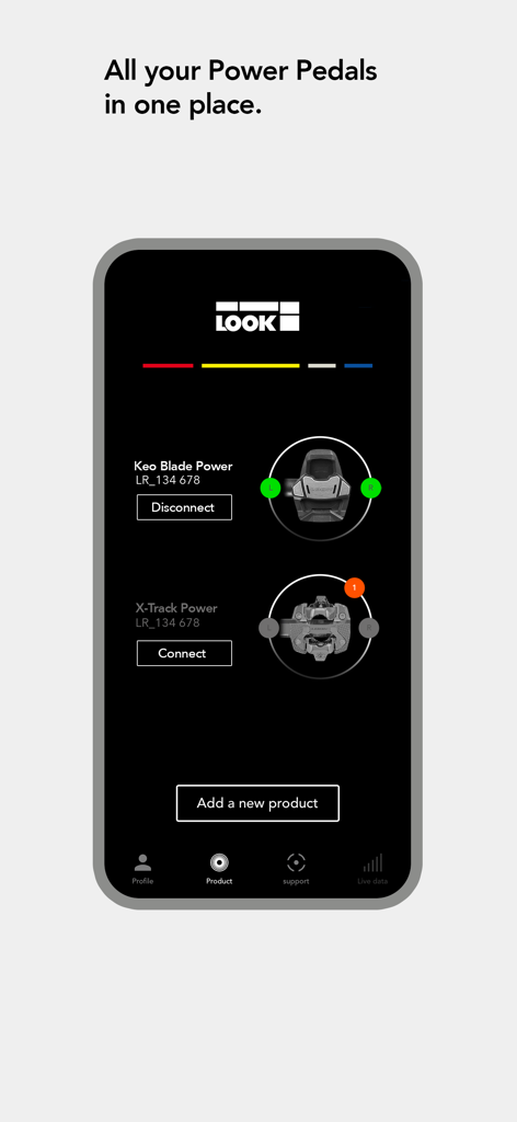 Interfaz de la aplicación LOOK CYCLE que muestra los pedales de potenciómetro Keo Blade y X-Track conectados