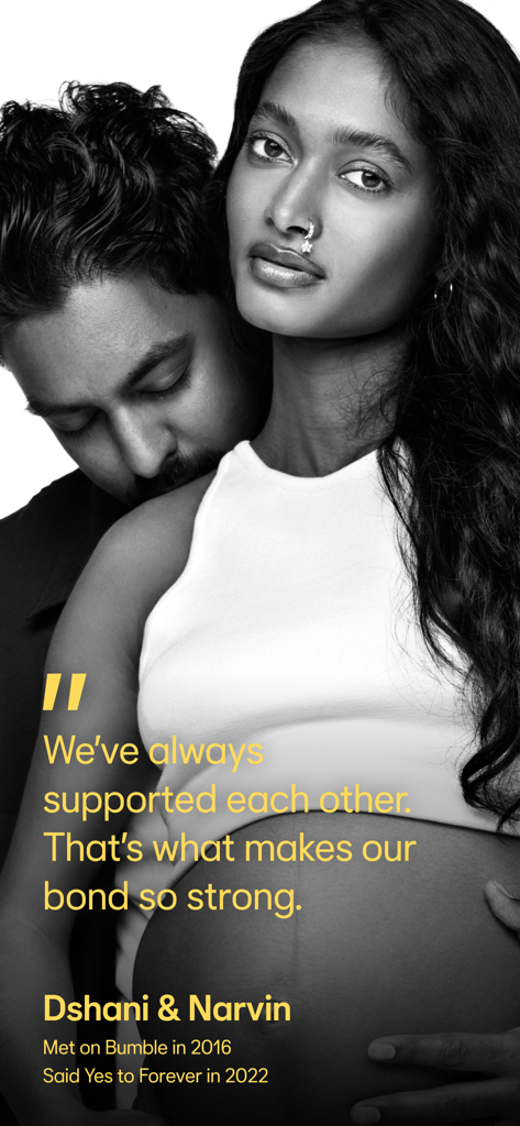 A black and white photo of a couple, Dshani and Narvin, who met on Bumble in 2016 and are now expecting a baby.