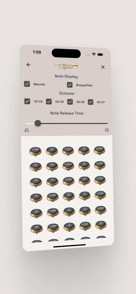 Virtual Trumpet & Trombone - Interface of the Virtual Trumpet app showing octave settings note release time and a grid of playable trumpet notes.