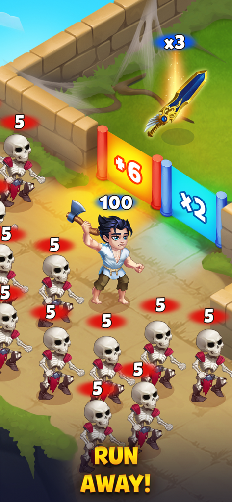 Personaje héroe rodeado por un ejército de esqueletos en un nivel de puzzle estratégico