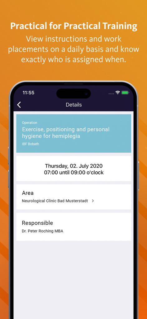 easySoft App Education - Screenshot of easySoft App Education showing specific clinical training details including time, location, and instructor.