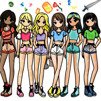 a group of girls wearing crop tops and shorts
