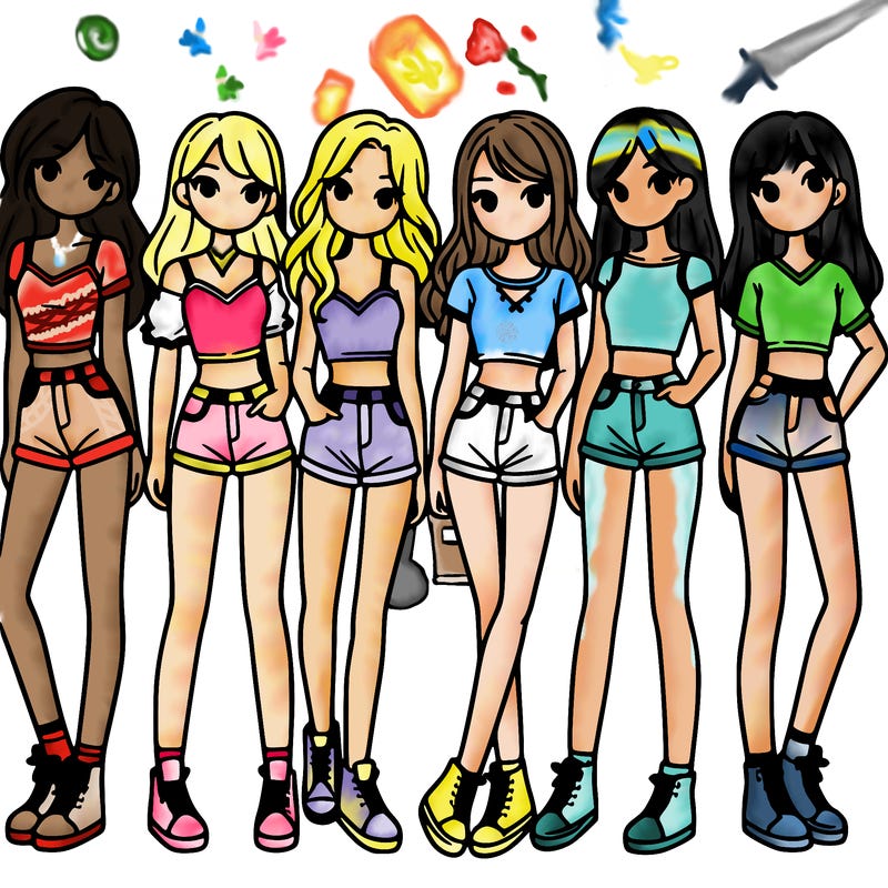 a group of girls wearing crop tops and shorts