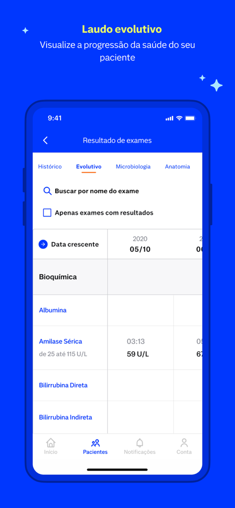 Nav Pro - Interface of the Nav Pro app showing a patient's historical laboratory exam results and health progression.