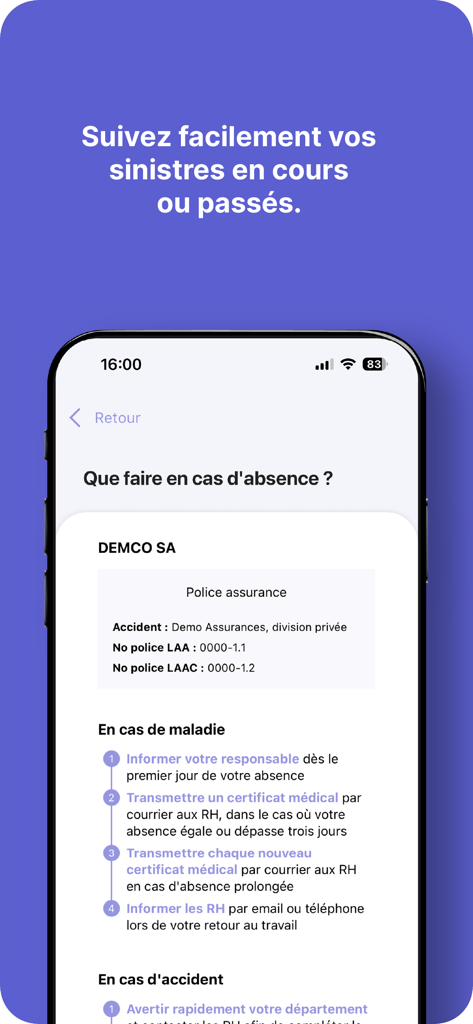 Loyapps Mobile - Mobile screen showing the step by step procedure for reporting an absence due to illness in the Loyapps app