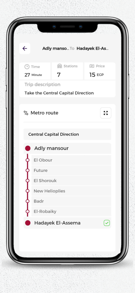 Guía del Metro de Egipto mostrando el tiempo de viaje, estaciones y precio del billete para una ruta de El Cairo