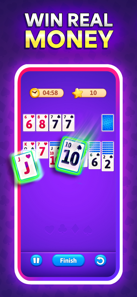 Solitaire Skillz - Win Cash - Tela de jogo do Solitaire Skillz mostrando cartas e o texto 'ganhe dinheiro de verdade'