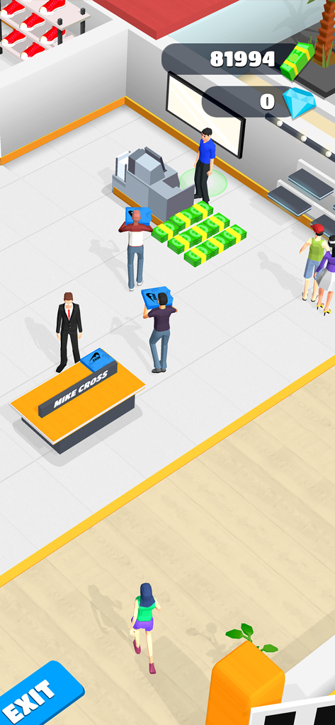 My Shopping Rush: Manage Mall - Uma visão de cima para baixo de uma cena de gestão de loja de sapatos com clientes e pilhas de dinheiro em My Shopping Rush