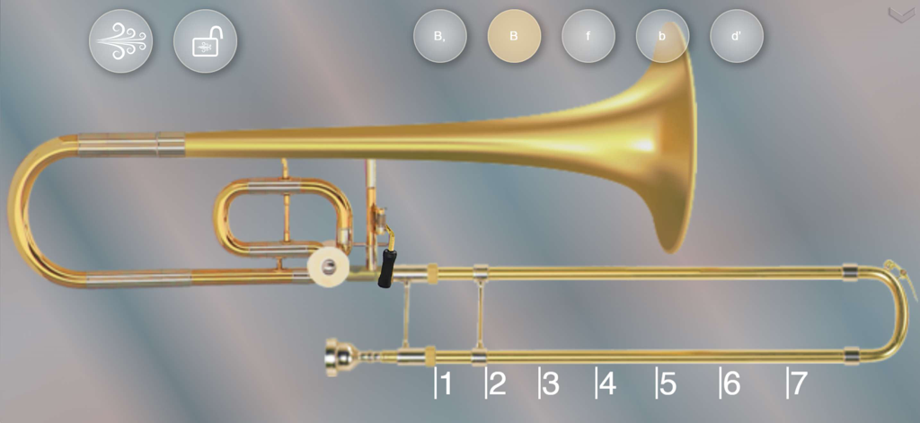 Music World + - Virtual trombone interface showing slide positions and note selection buttons
