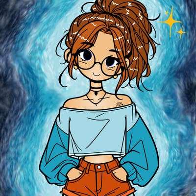girl with a messy ponytail glasses a baggy crop top and jean shorts