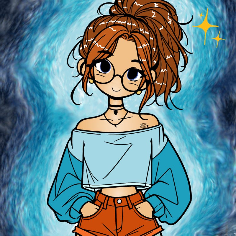 girl with a messy ponytail glasses a baggy crop top and jean shorts