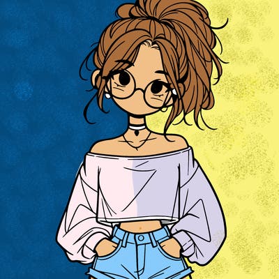 girl with a messy ponytail glasses a baggy crop top and jean shorts