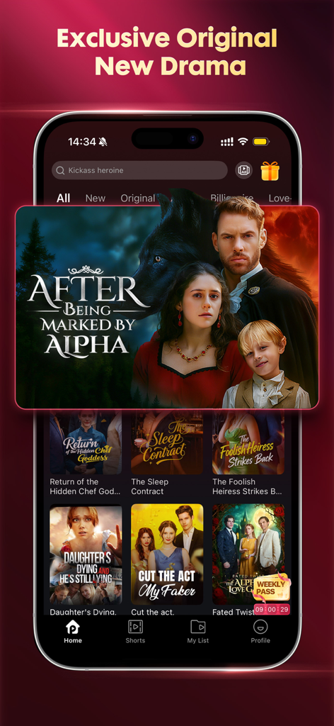 Playlet app home screen displaying various short-form drama posters including billionaire and werewolf romance titles.